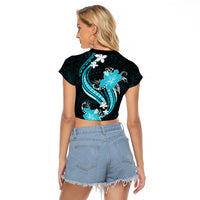 Aqua Polynesian Pattern With Tropical Flowers Raglan Cropped T Shirt LT05 - Polynesian Pride