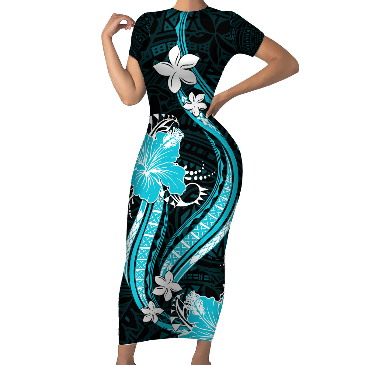 Aqua Polynesian Pattern With Tropical Flowers Short Sleeve Bodycon Dress LT05 Long Dress Aqua - Polynesian Pride