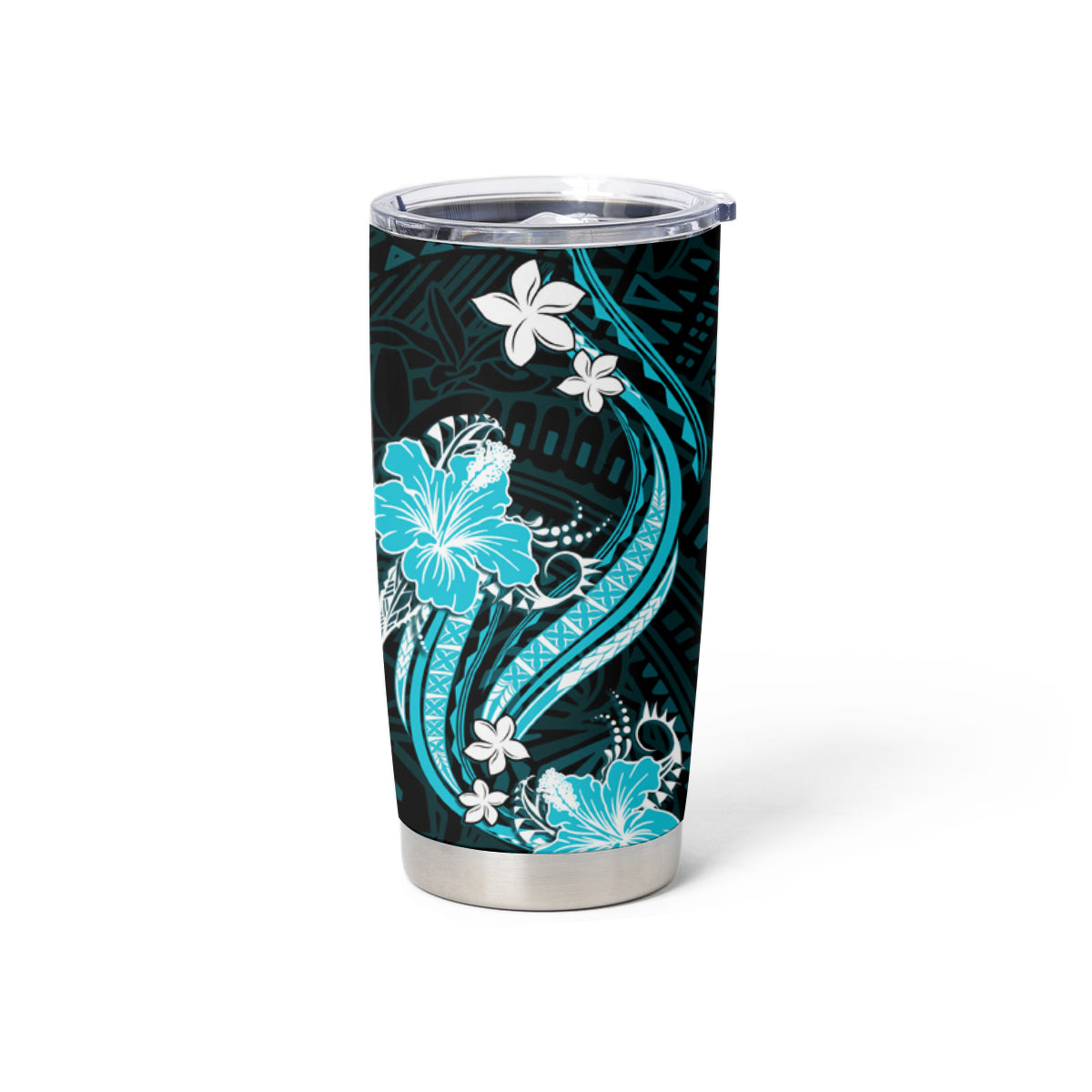 Aqua Polynesian Pattern With Tropical Flowers Tumbler Cup