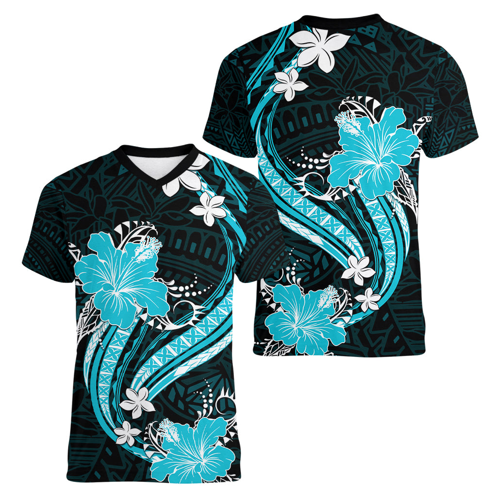 Aqua Polynesian Pattern With Tropical Flowers Women V Neck T Shirt LT05 - Polynesian Pride