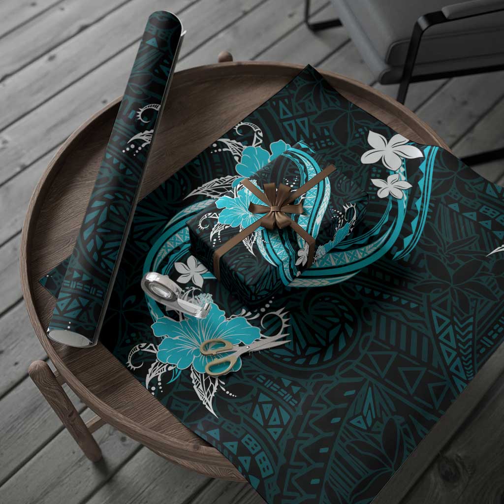 Aqua Polynesian Pattern With Tropical Flowers Wrapping Paper - Polynesian Pride