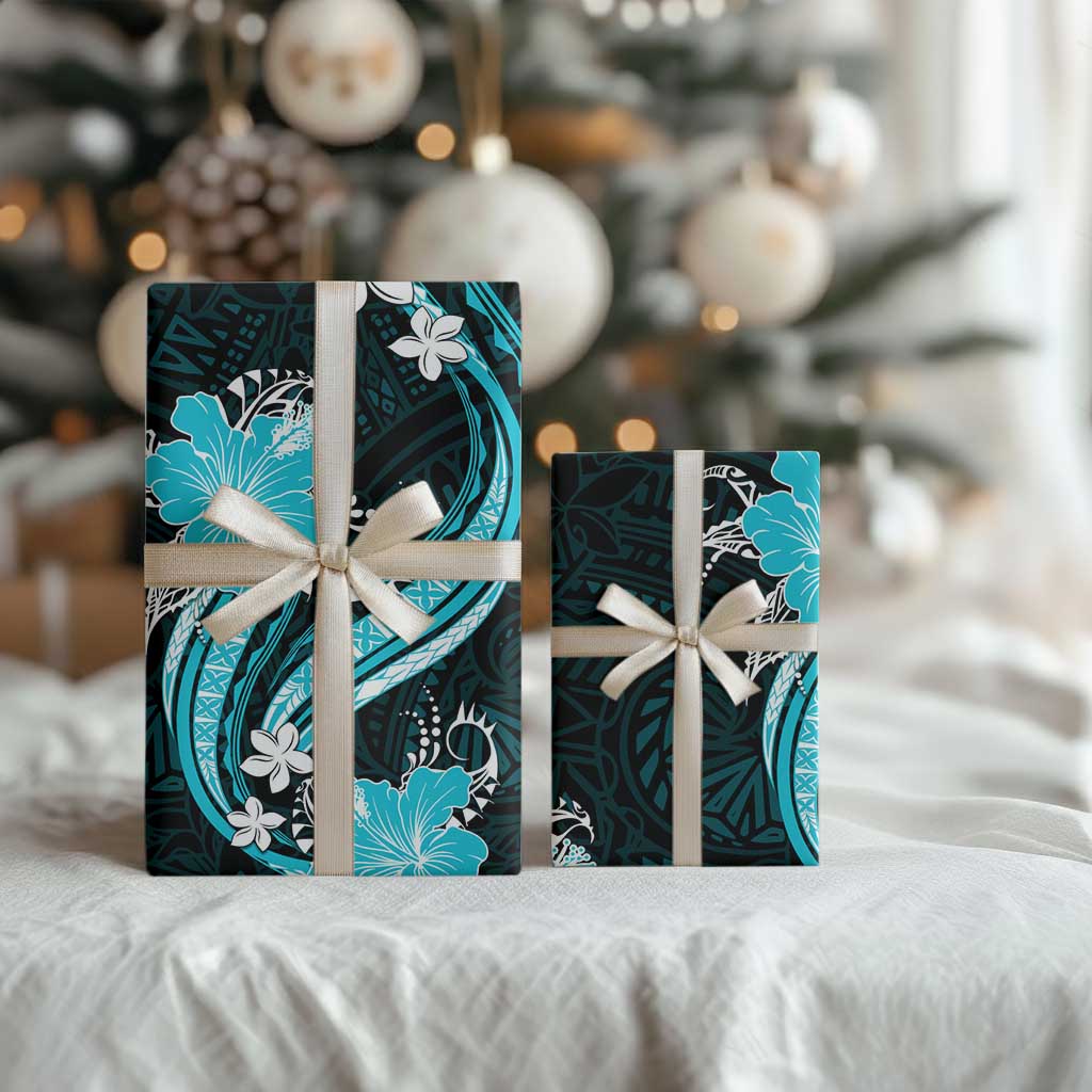 Aqua Polynesian Pattern With Tropical Flowers Wrapping Paper - Polynesian Pride