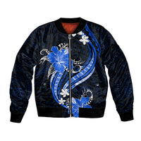 Blue Polynesian Pattern With Tropical Flowers Bomber Jacket LT05 Unisex Blue - Polynesian Pride