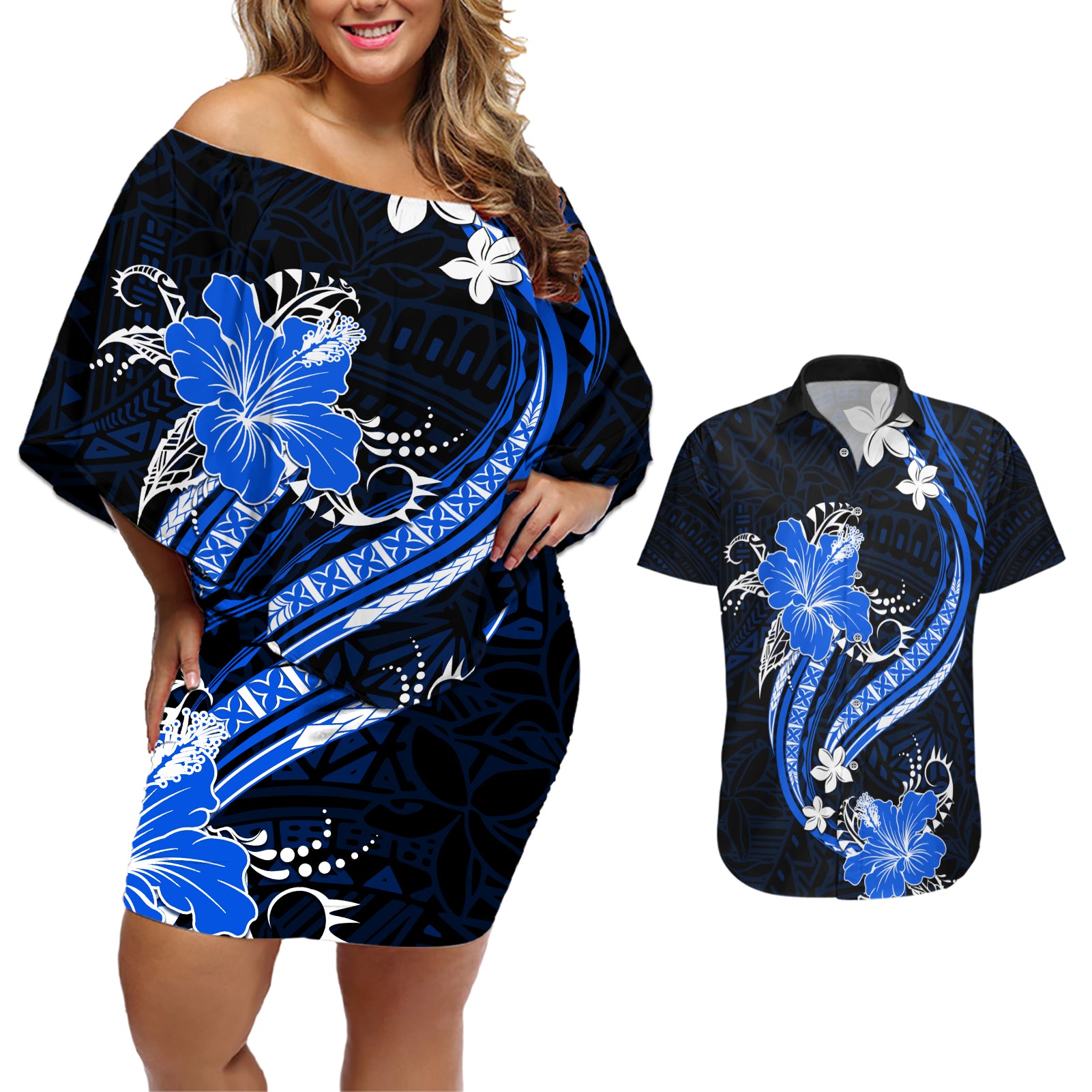 Blue Polynesian Pattern With Tropical Flowers Couples Matching Off Shoulder Short Dress and Hawaiian Shirt LT05 Blue - Polynesian Pride