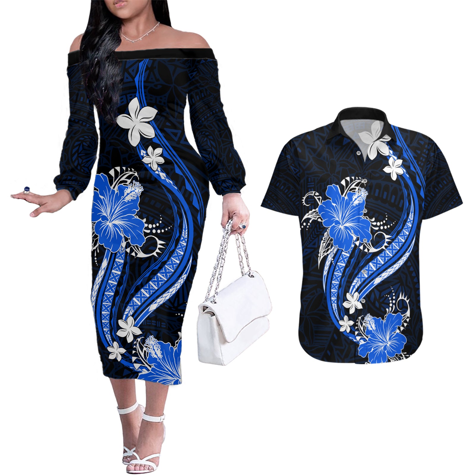 Blue Polynesian Pattern With Tropical Flowers Couples Matching Off The Shoulder Long Sleeve Dress and Hawaiian Shirt LT05 Blue - Polynesian Pride