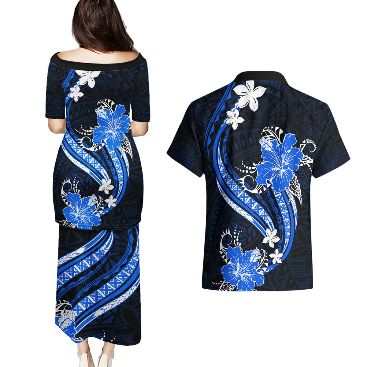 Blue Polynesian Pattern With Tropical Flowers Couples Matching Puletasi Dress and Hawaiian Shirt LT05 - Polynesian Pride