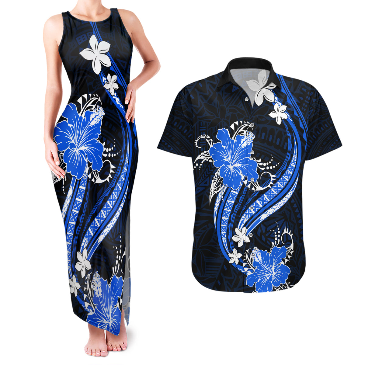 Blue Polynesian Pattern With Tropical Flowers Couples Matching Tank Maxi Dress and Hawaiian Shirt LT05 Blue - Polynesian Pride