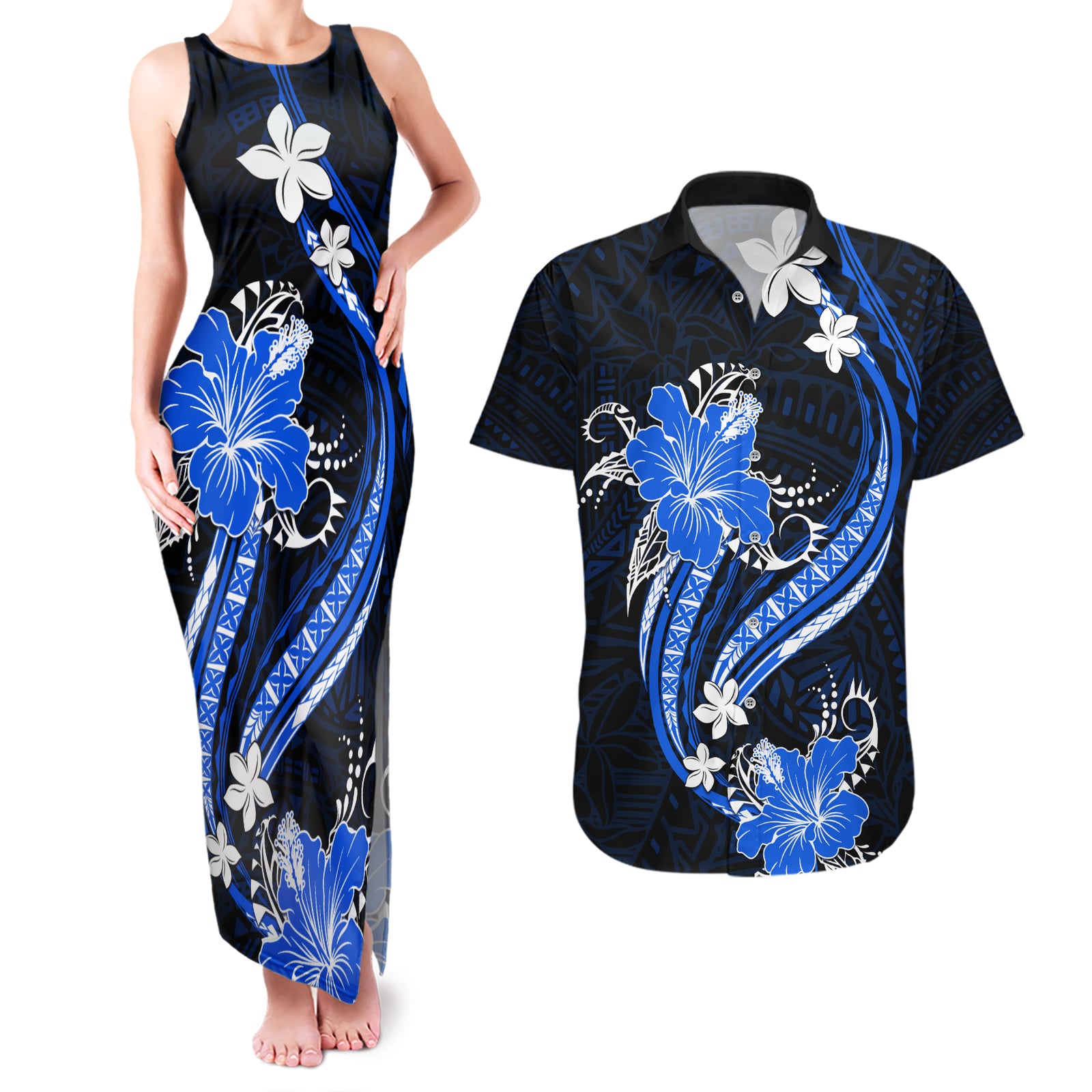 Blue Polynesian Pattern With Tropical Flowers Couples Matching Tank Maxi Dress and Hawaiian Shirt LT05 Blue - Polynesian Pride