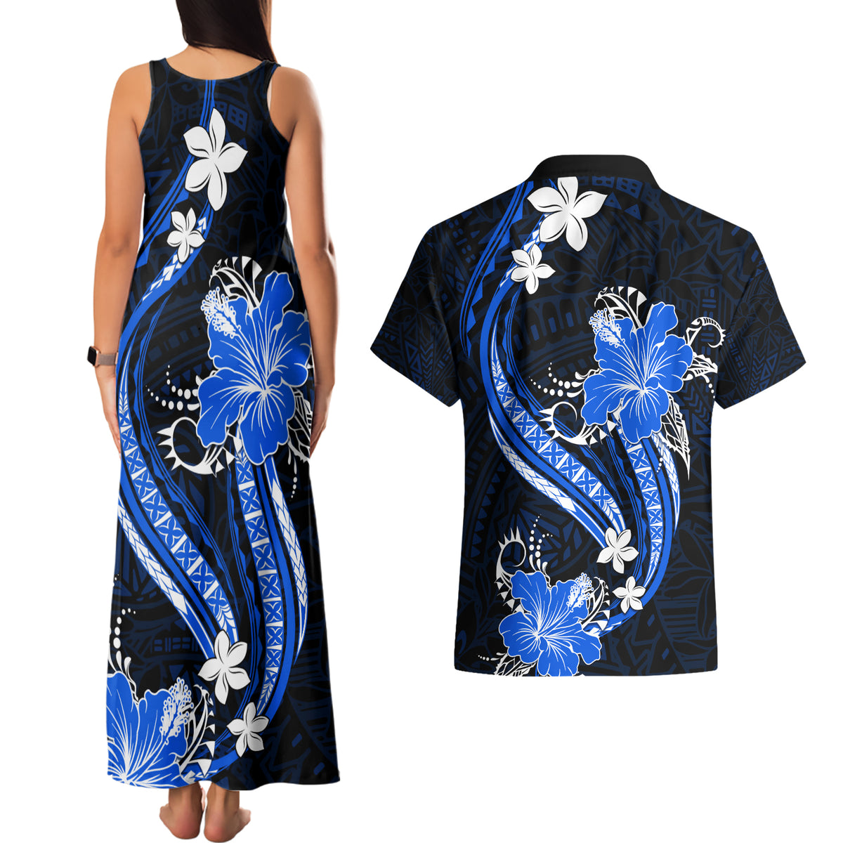 Blue Polynesian Pattern With Tropical Flowers Couples Matching Tank Maxi Dress and Hawaiian Shirt LT05 - Polynesian Pride