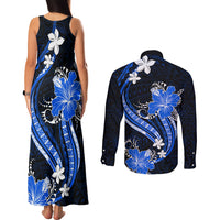 Blue Polynesian Pattern With Tropical Flowers Couples Matching Tank Maxi Dress and Long Sleeve Button Shirt LT05 - Polynesian Pride