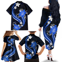 Blue Polynesian Pattern With Tropical Flowers Family Matching Off Shoulder Long Sleeve Dress and Hawaiian Shirt LT05 - Polynesian Pride