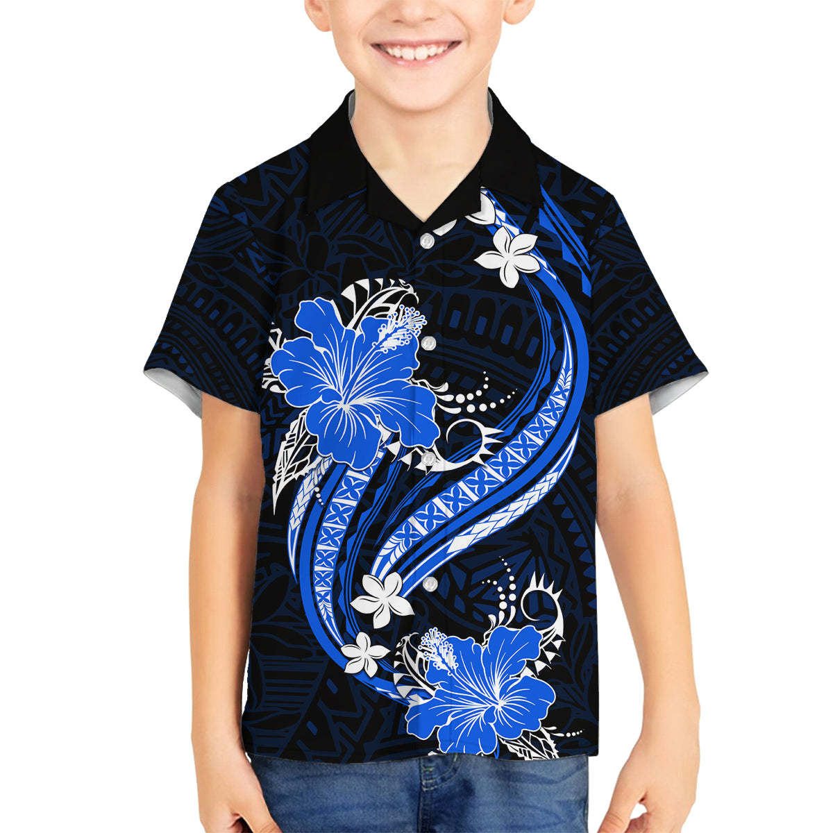 Blue Polynesian Pattern With Tropical Flowers Family Matching Off Shoulder Long Sleeve Dress and Hawaiian Shirt LT05 Son's Shirt Blue - Polynesian Pride