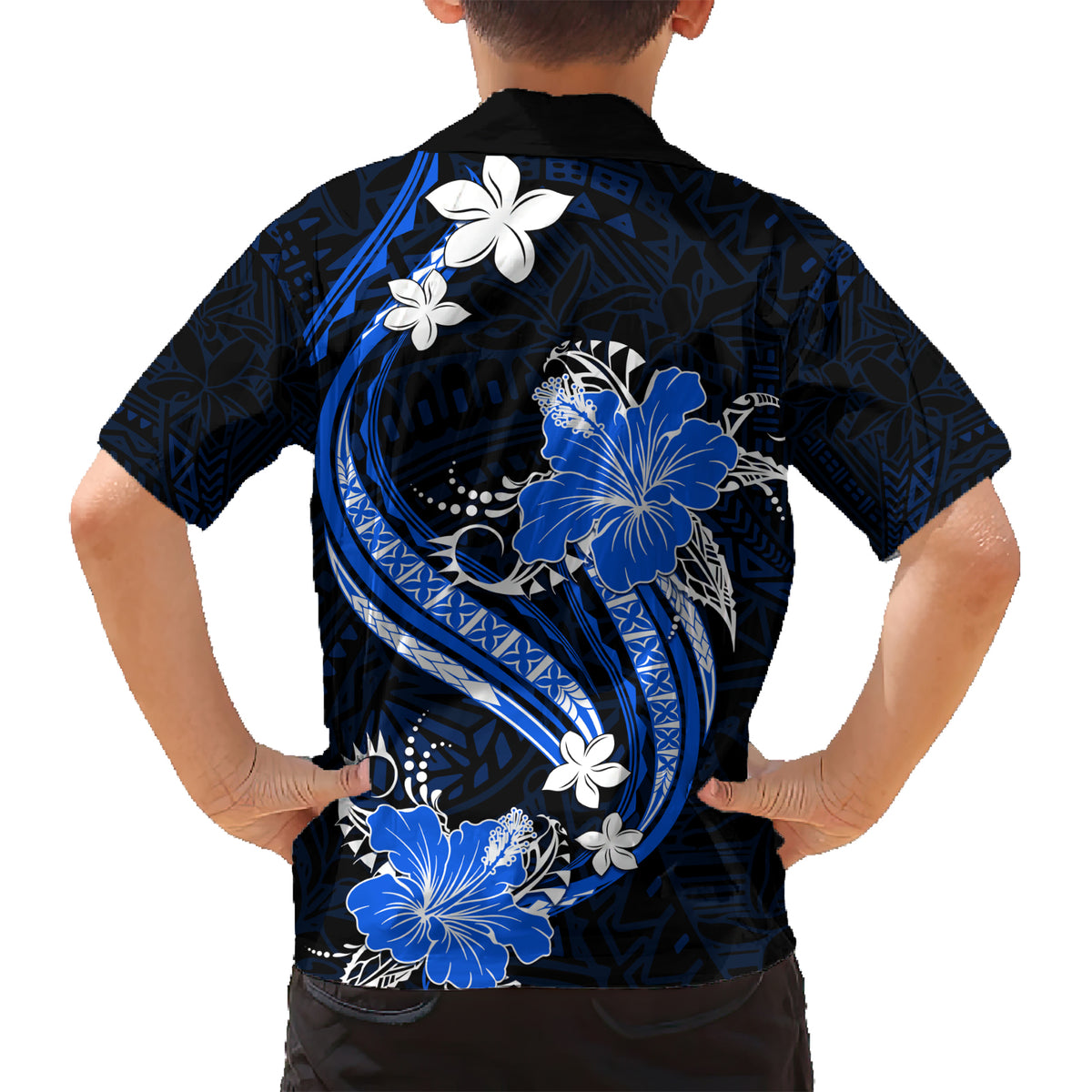 Blue Polynesian Pattern With Tropical Flowers Family Matching Short Sleeve Bodycon Dress and Hawaiian Shirt LT05 - Polynesian Pride