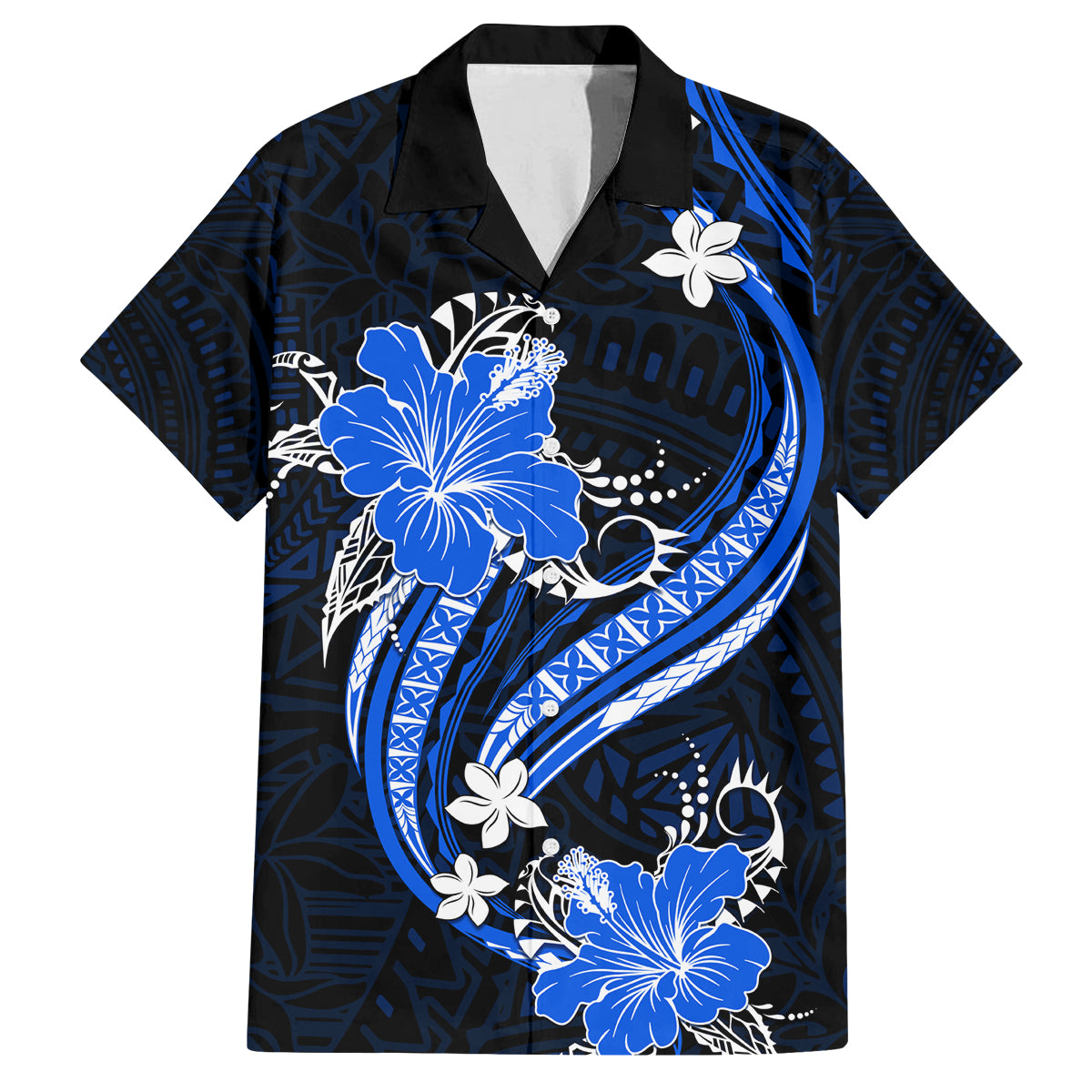 Blue Polynesian Pattern With Tropical Flowers Family Matching Summer Maxi Dress and Hawaiian Shirt LT05 Dad's Shirt - Short Sleeve Blue - Polynesian Pride