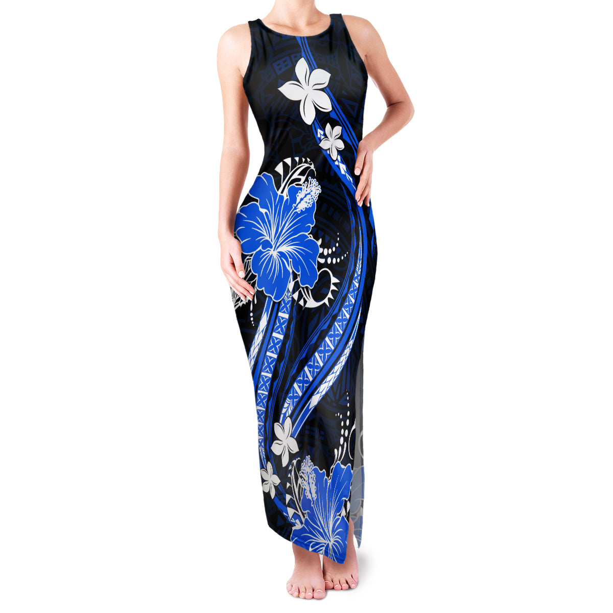 Blue Polynesian Pattern With Tropical Flowers Family Matching Tank Maxi Dress and Hawaiian Shirt LT05 Mom's Dress Blue - Polynesian Pride