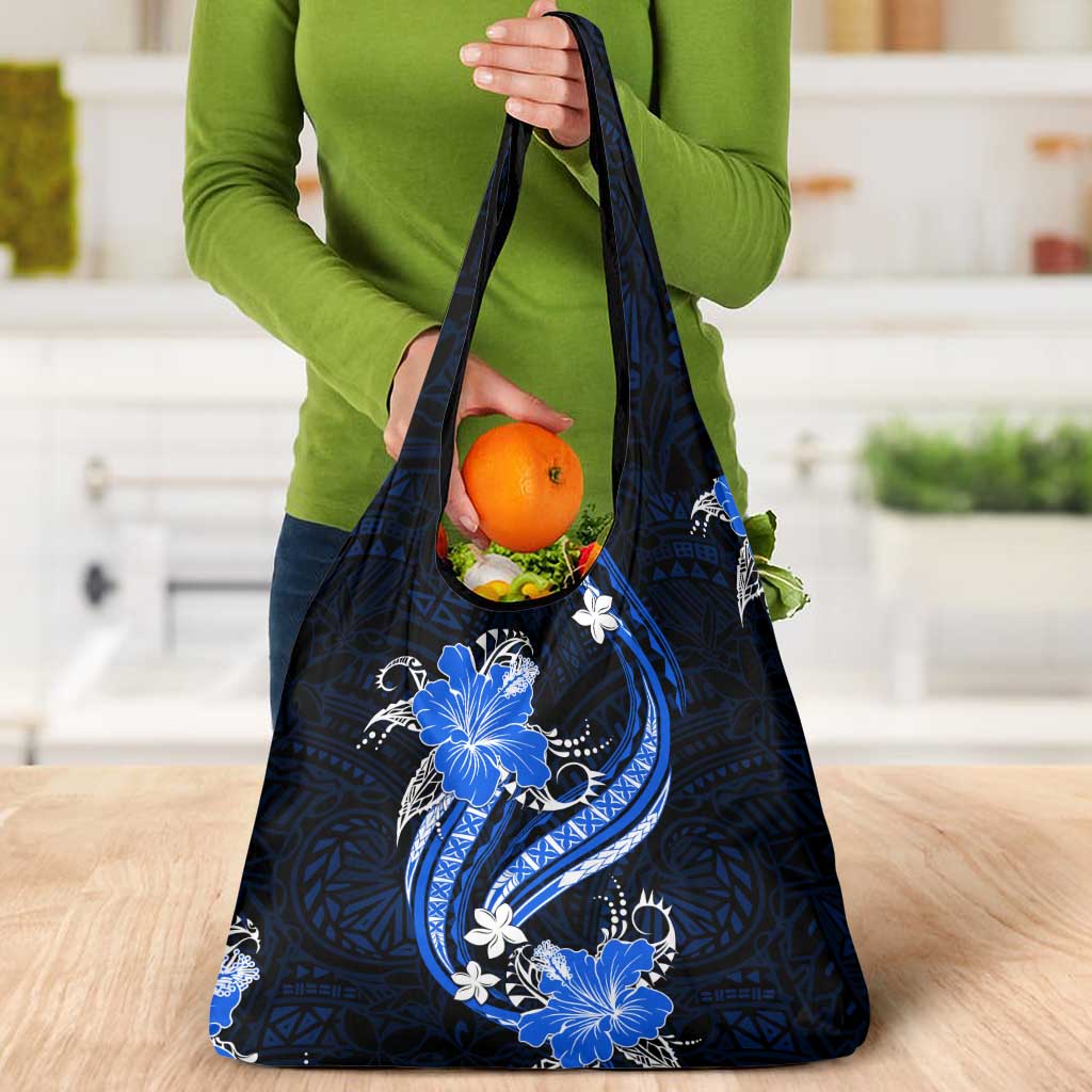 Blue Polynesian Pattern With Tropical Flowers Grocery Bag