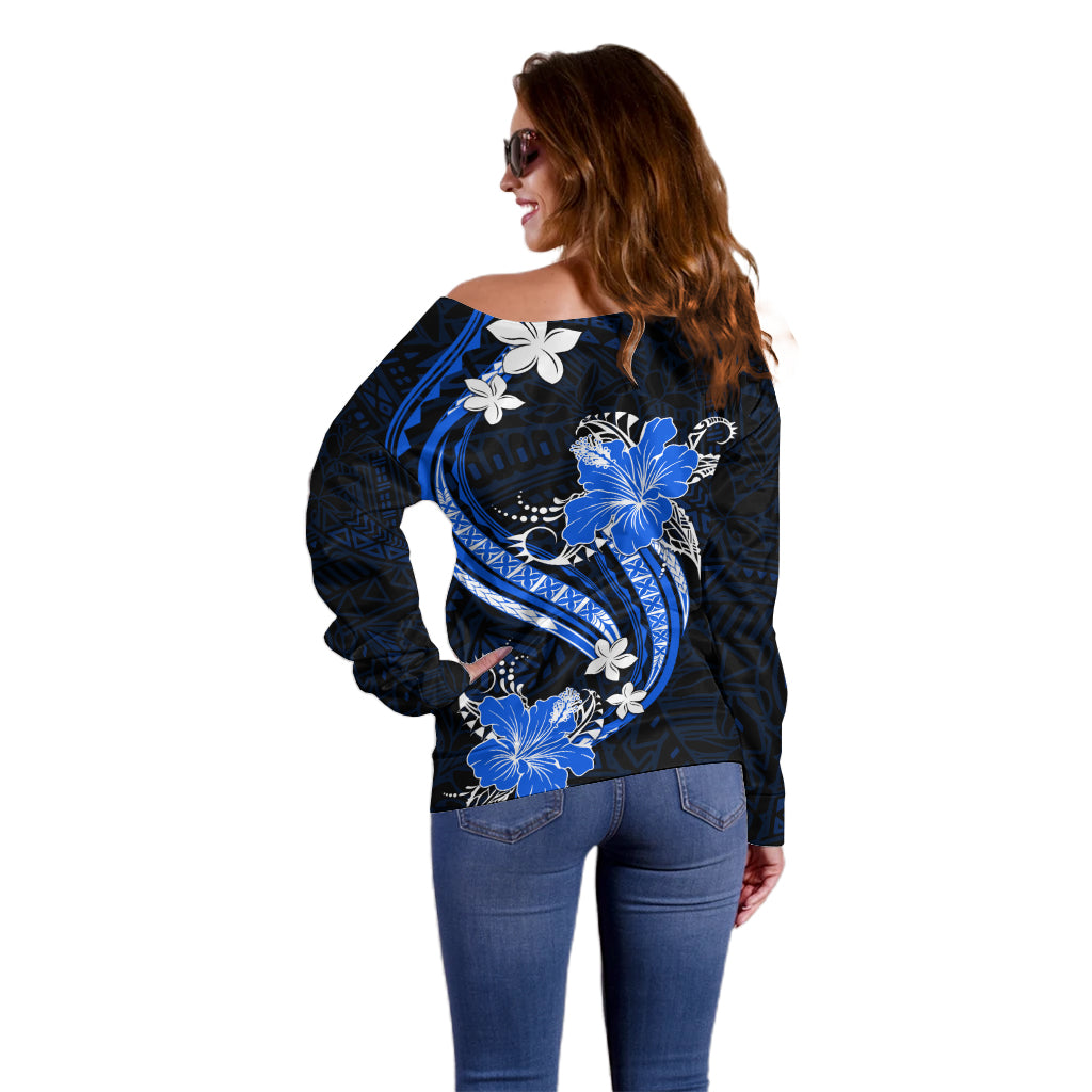 Blue Polynesian Pattern With Tropical Flowers Off Shoulder Sweater LT05 - Polynesian Pride