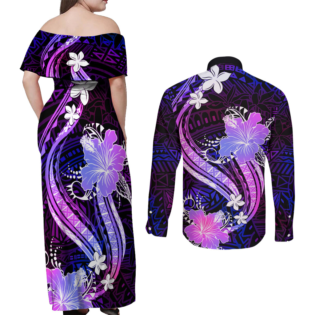 Galaxy Polynesian Pattern With Tropical Flowers Couples Matching Off Shoulder Maxi Dress and Long Sleeve Button Shirt LT05 - Polynesian Pride