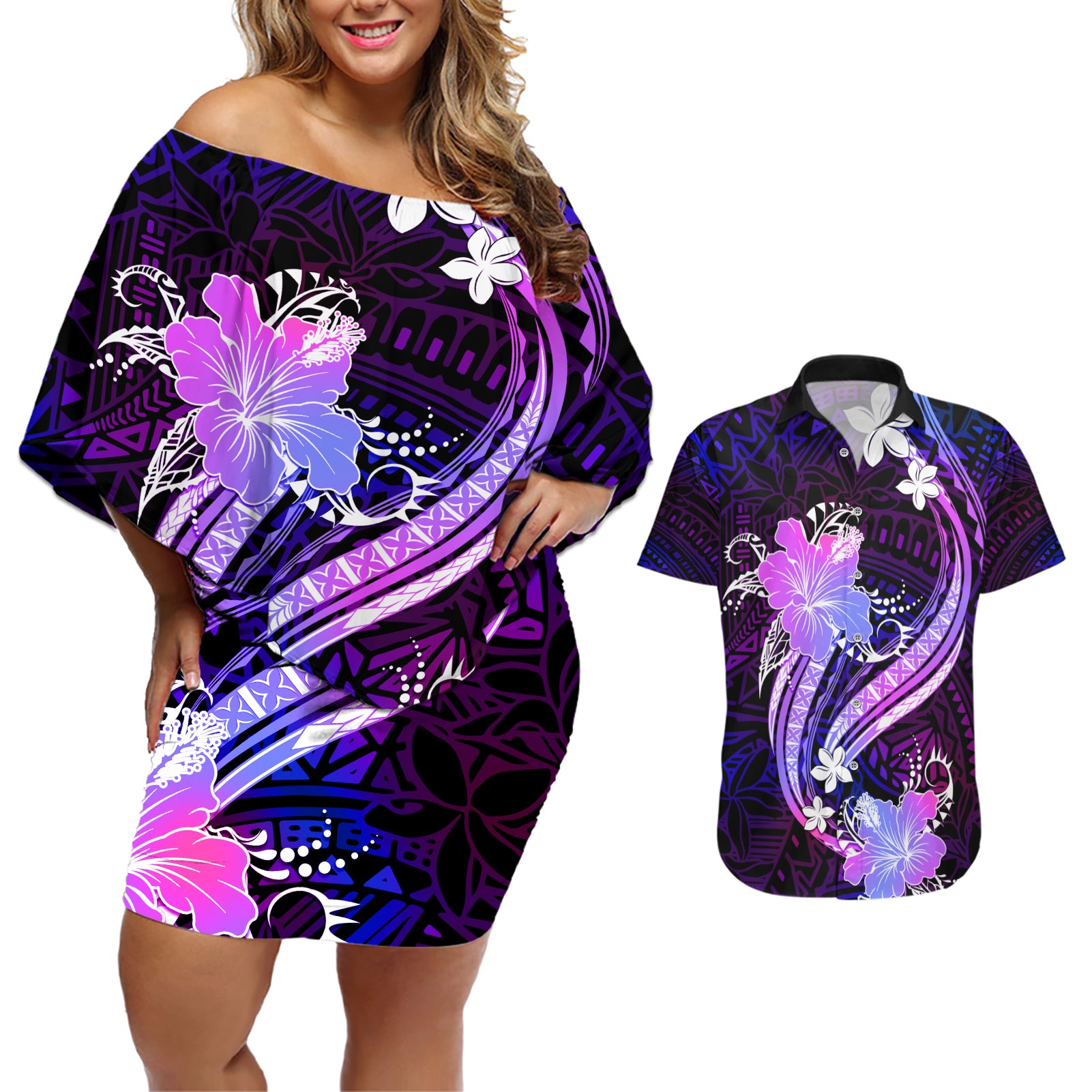 Galaxy Polynesian Pattern With Tropical Flowers Couples Matching Off Shoulder Short Dress and Hawaiian Shirt LT05 Galaxy - Polynesian Pride