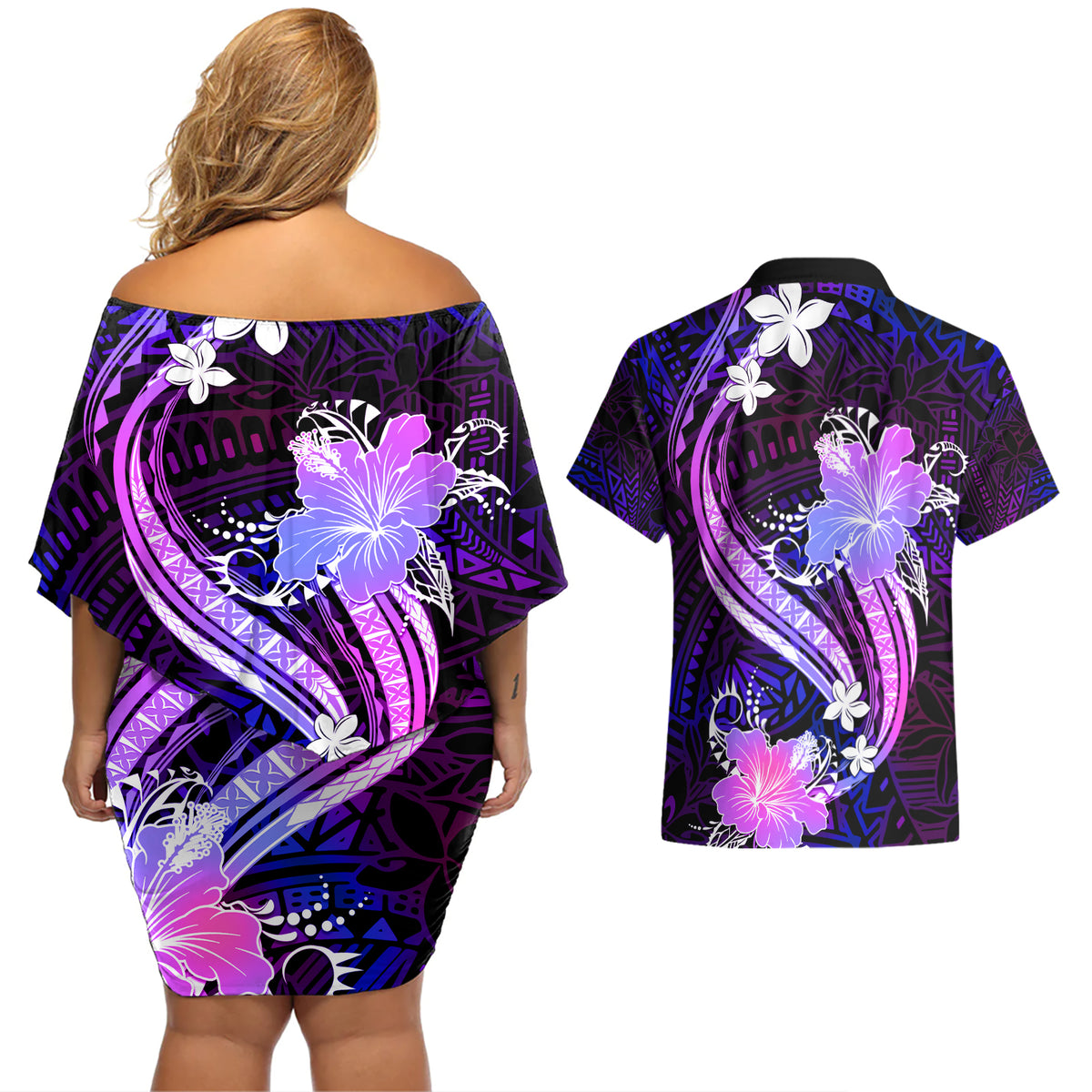 Galaxy Polynesian Pattern With Tropical Flowers Couples Matching Off Shoulder Short Dress and Hawaiian Shirt LT05 - Polynesian Pride
