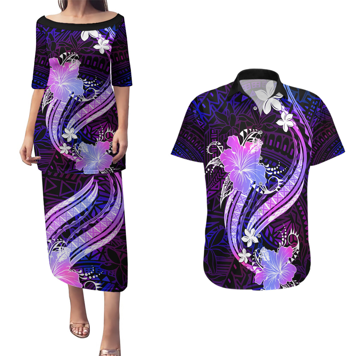 Galaxy Polynesian Pattern With Tropical Flowers Couples Matching Puletasi Dress and Hawaiian Shirt LT05 Galaxy - Polynesian Pride