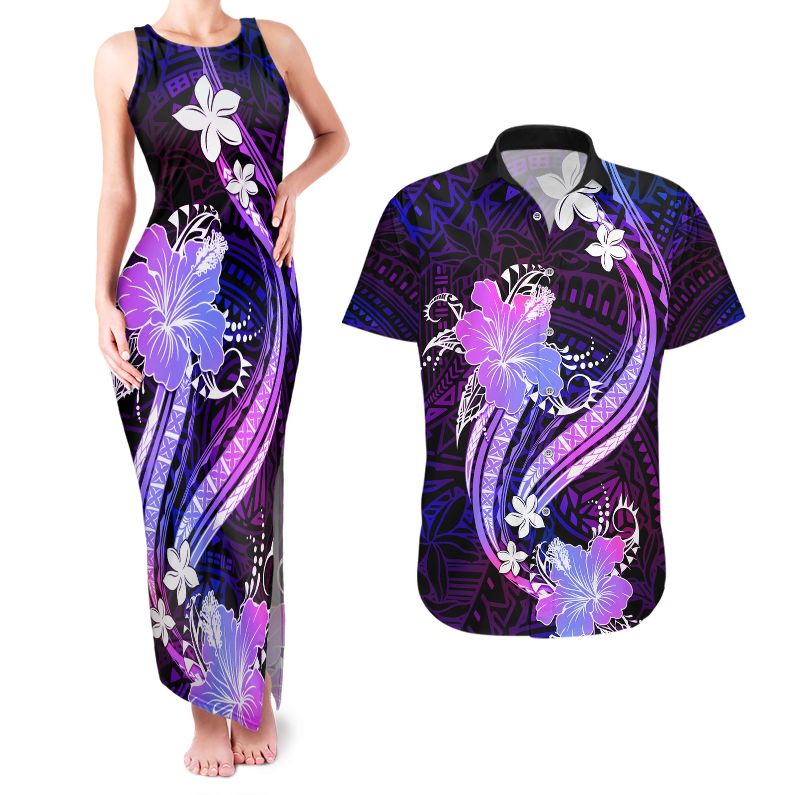 Galaxy Polynesian Pattern With Tropical Flowers Couples Matching Tank Maxi Dress and Hawaiian Shirt LT05 Galaxy - Polynesian Pride