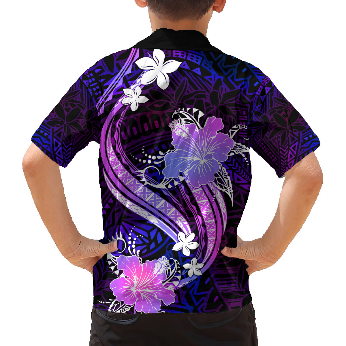 Galaxy Polynesian Pattern With Tropical Flowers Family Matching Long Sleeve Bodycon Dress and Hawaiian Shirt LT05 - Polynesian Pride