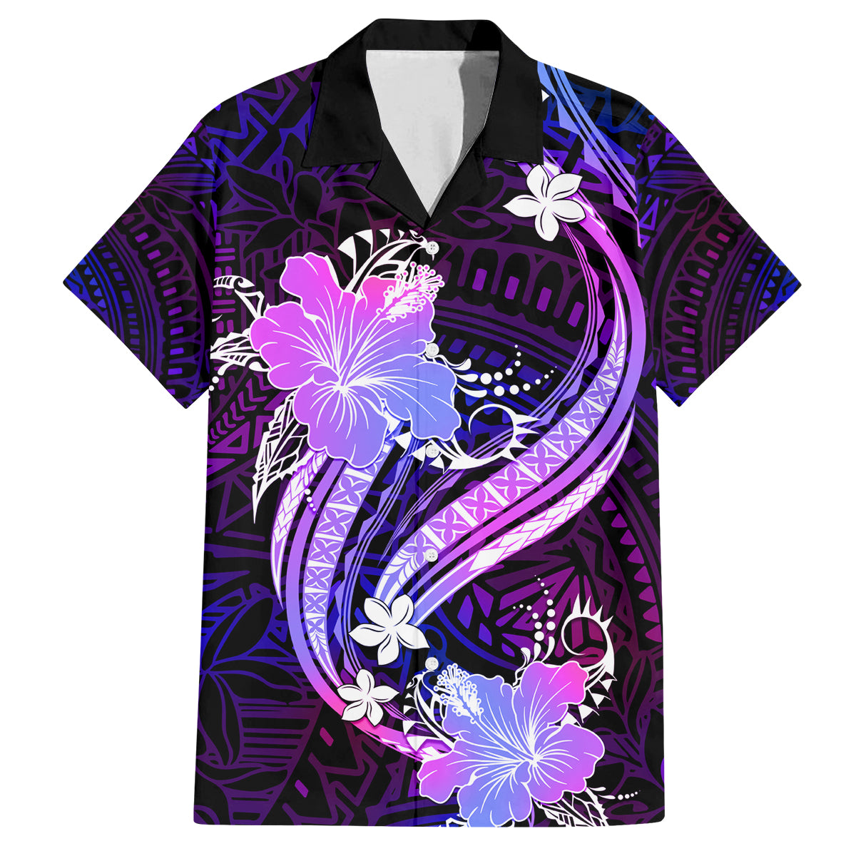 Galaxy Polynesian Pattern With Tropical Flowers Family Matching Off Shoulder Long Sleeve Dress and Hawaiian Shirt LT05 Dad's Shirt - Short Sleeve Galaxy - Polynesian Pride