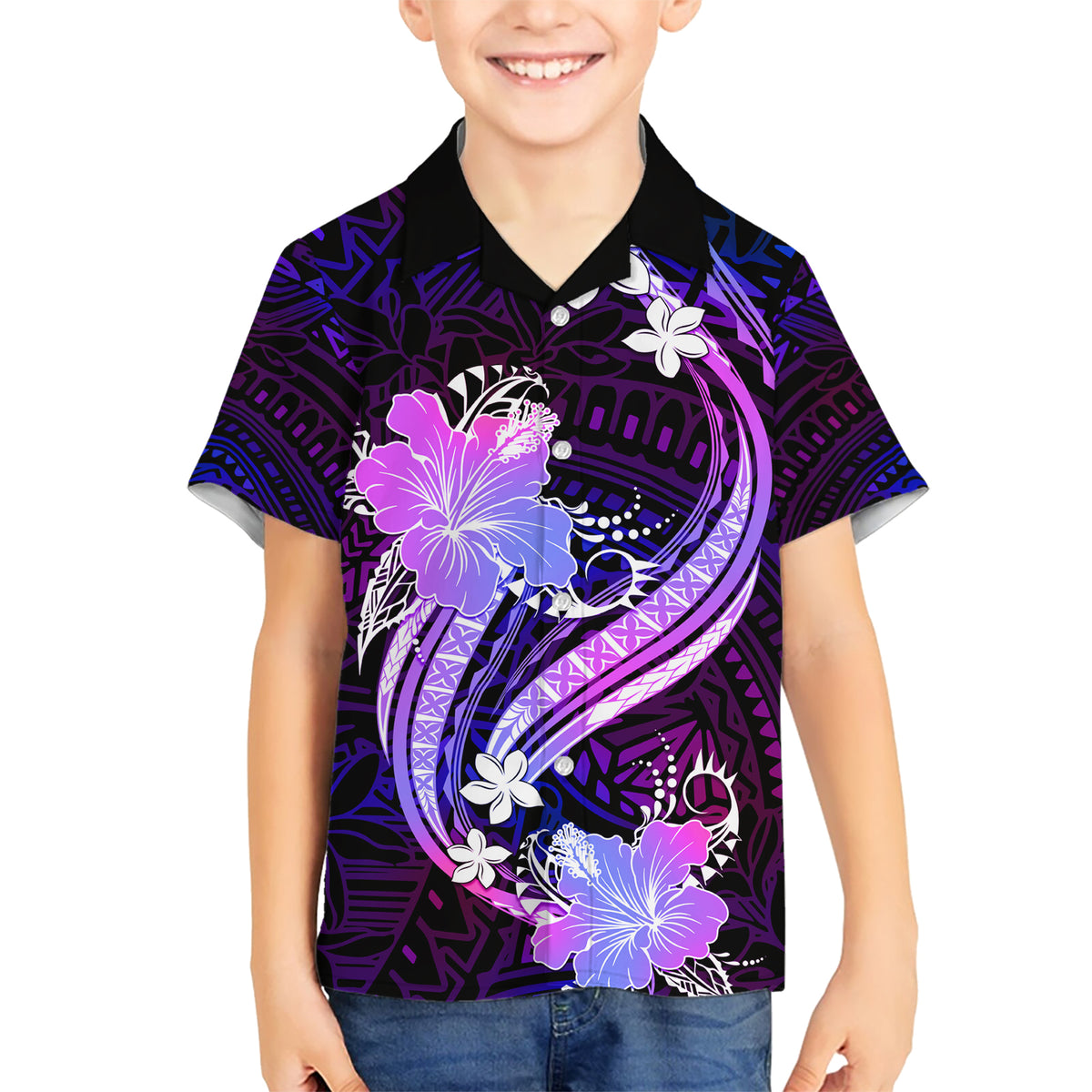 Galaxy Polynesian Pattern With Tropical Flowers Kid Hawaiian Shirt LT05 Kid Galaxy - Polynesian Pride