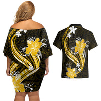 Gold Polynesian Pattern With Tropical Flowers Couples Matching Off Shoulder Short Dress and Hawaiian Shirt LT05 - Polynesian Pride