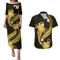 Gold Polynesian Pattern With Tropical Flowers Couples Matching Puletasi Dress and Hawaiian Shirt LT05 Gold - Polynesian Pride