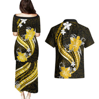 Gold Polynesian Pattern With Tropical Flowers Couples Matching Puletasi Dress and Hawaiian Shirt LT05 - Polynesian Pride