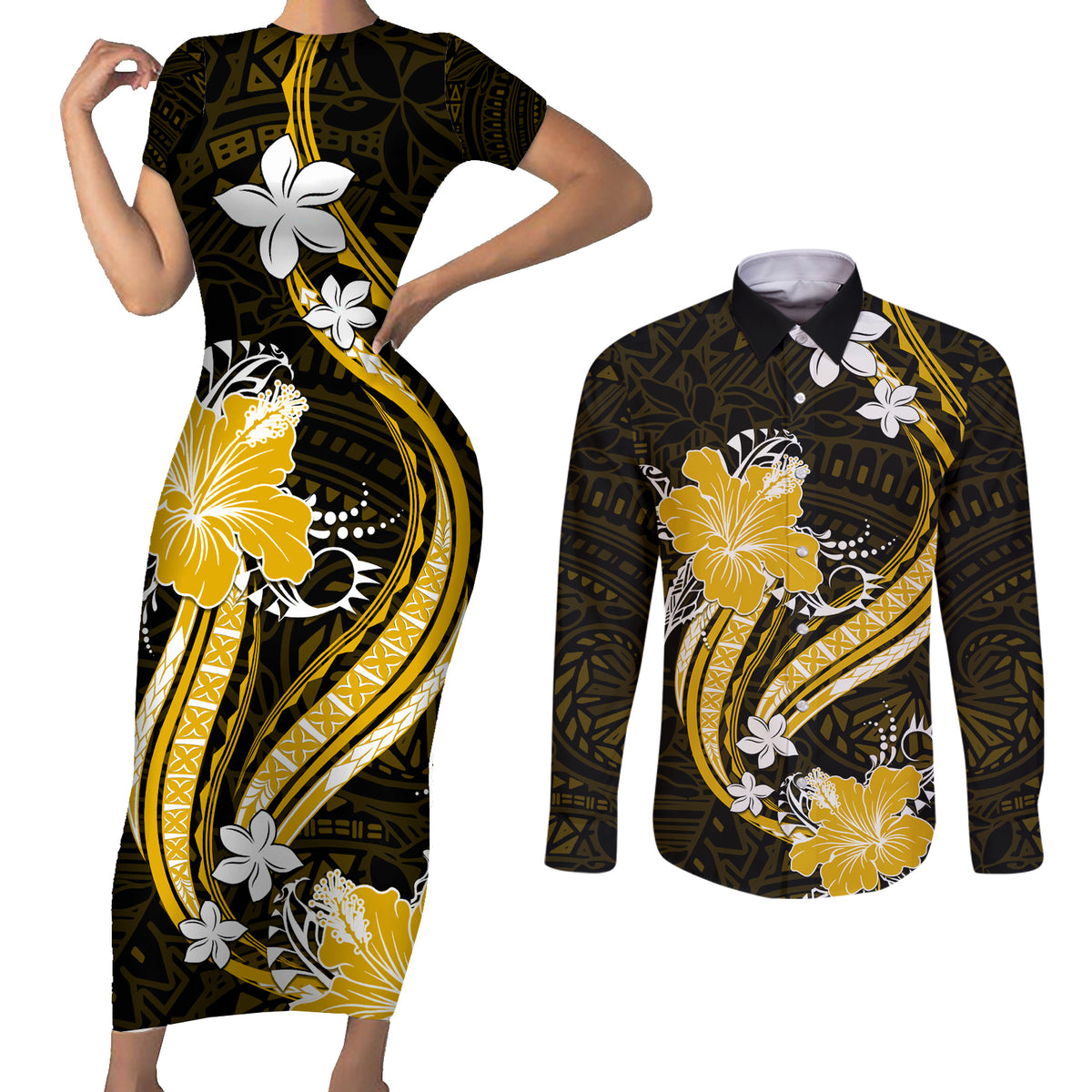Gold Polynesian Pattern With Tropical Flowers Couples Matching Short Sleeve Bodycon Dress and Long Sleeve Button Shirt LT05 Gold - Polynesian Pride