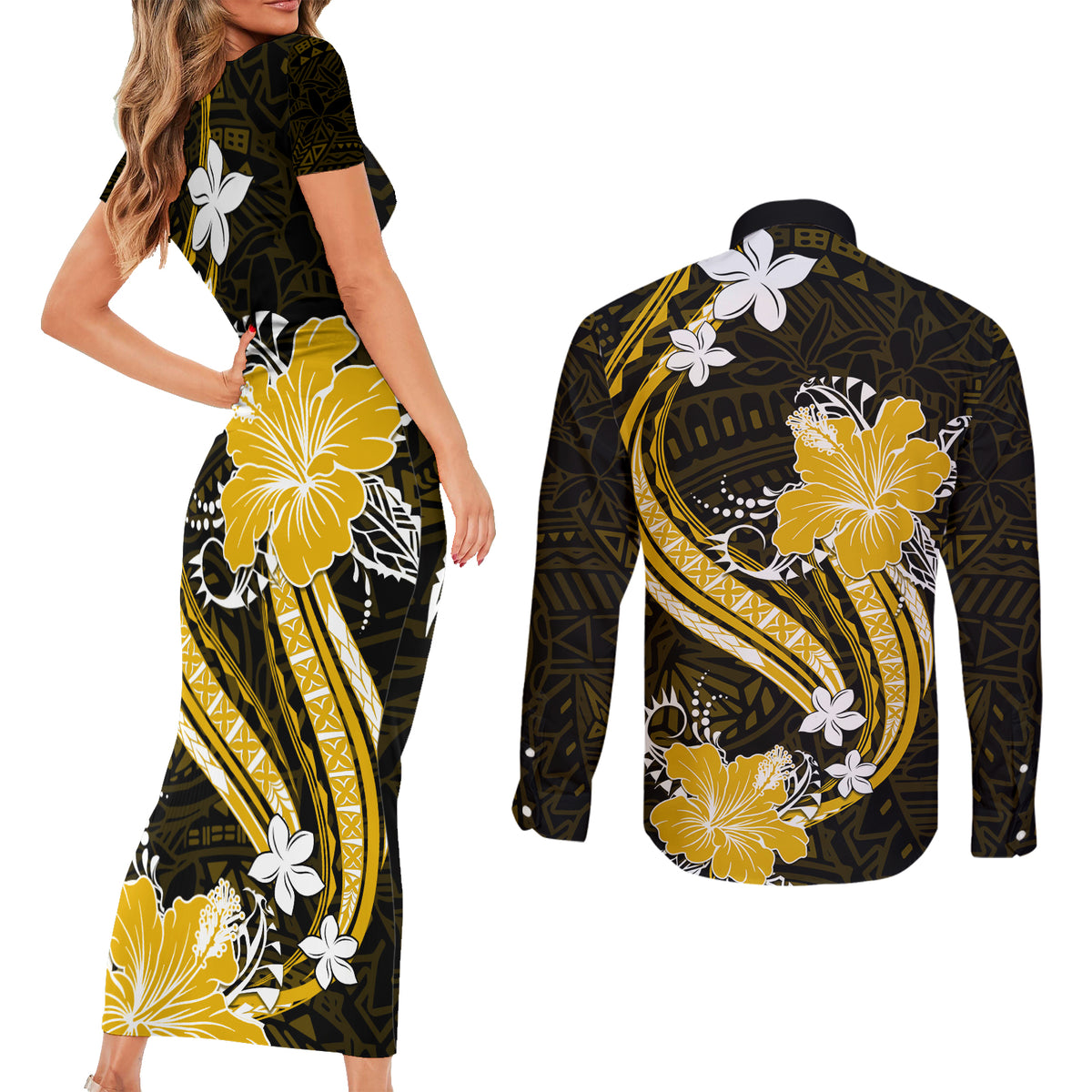 Gold Polynesian Pattern With Tropical Flowers Couples Matching Short Sleeve Bodycon Dress and Long Sleeve Button Shirt LT05 - Polynesian Pride