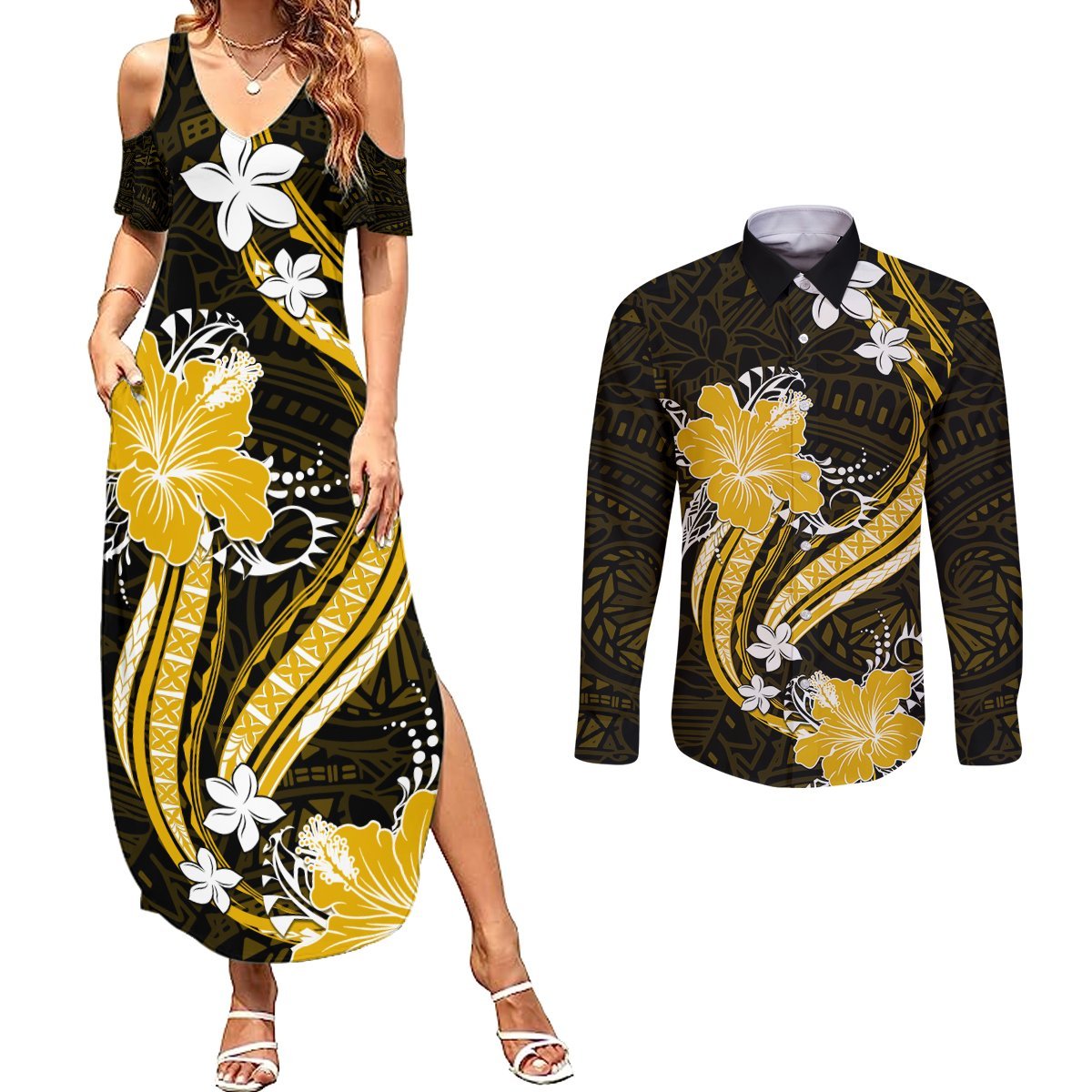 Gold Polynesian Pattern With Tropical Flowers Couples Matching Summer Maxi Dress and Long Sleeve Button Shirt LT05 Gold - Polynesian Pride