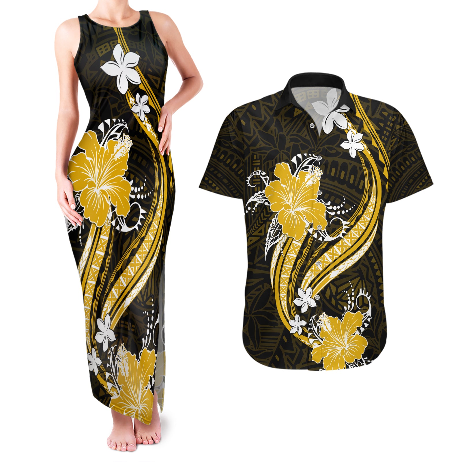Gold Polynesian Pattern With Tropical Flowers Couples Matching Tank Maxi Dress and Hawaiian Shirt LT05 Gold - Polynesian Pride