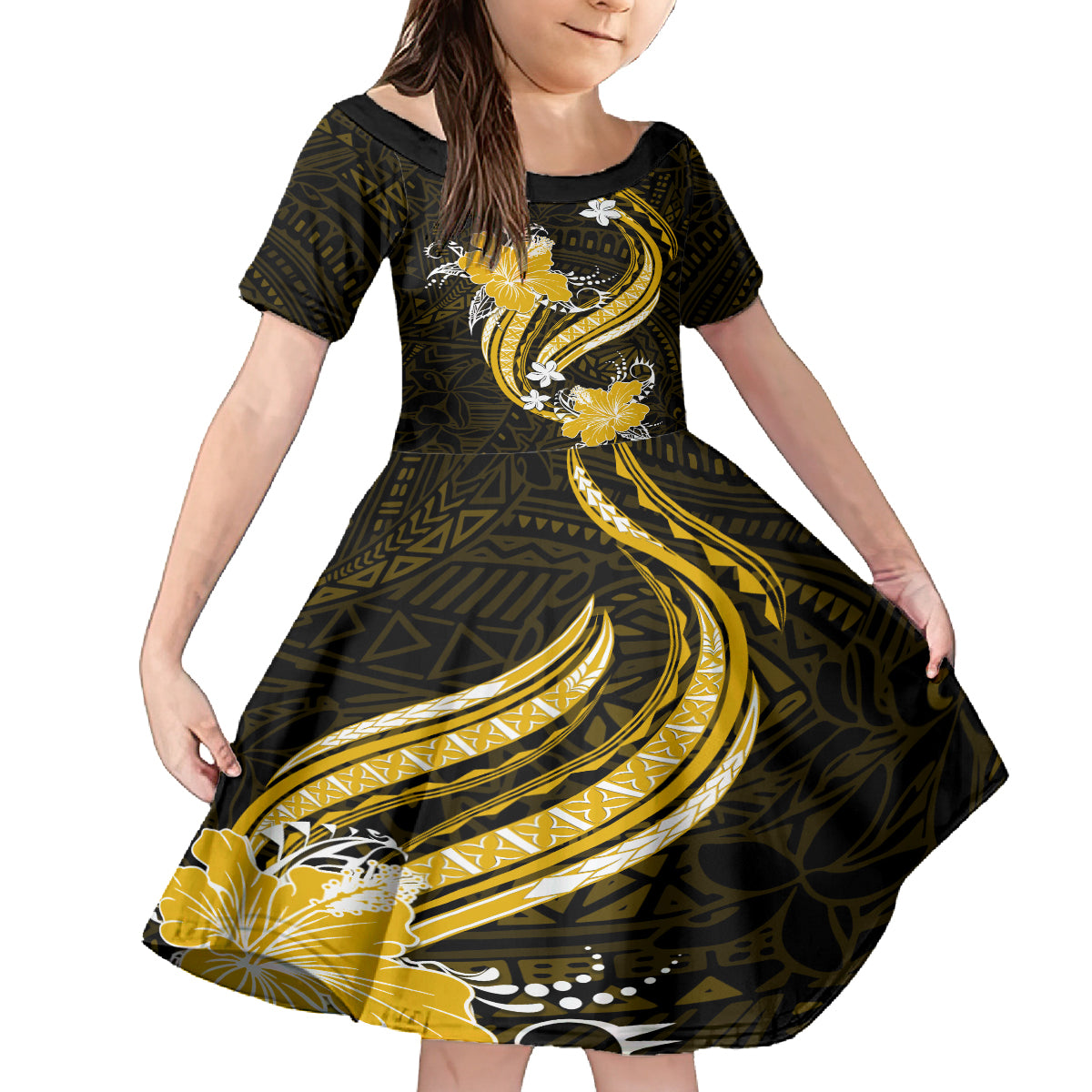 Gold Polynesian Pattern With Tropical Flowers Family Matching Off Shoulder Long Sleeve Dress and Hawaiian Shirt LT05 Daughter's Dress Gold - Polynesian Pride
