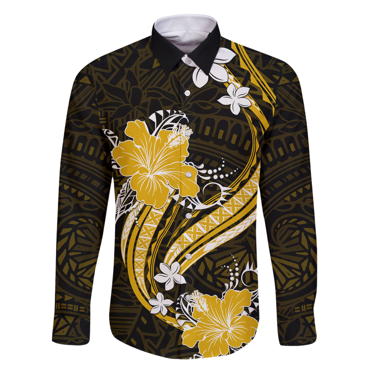 Gold Polynesian Pattern With Tropical Flowers Family Matching Off Shoulder Long Sleeve Dress and Hawaiian Shirt LT05 Dad's Shirt - Long Sleeve Gold - Polynesian Pride