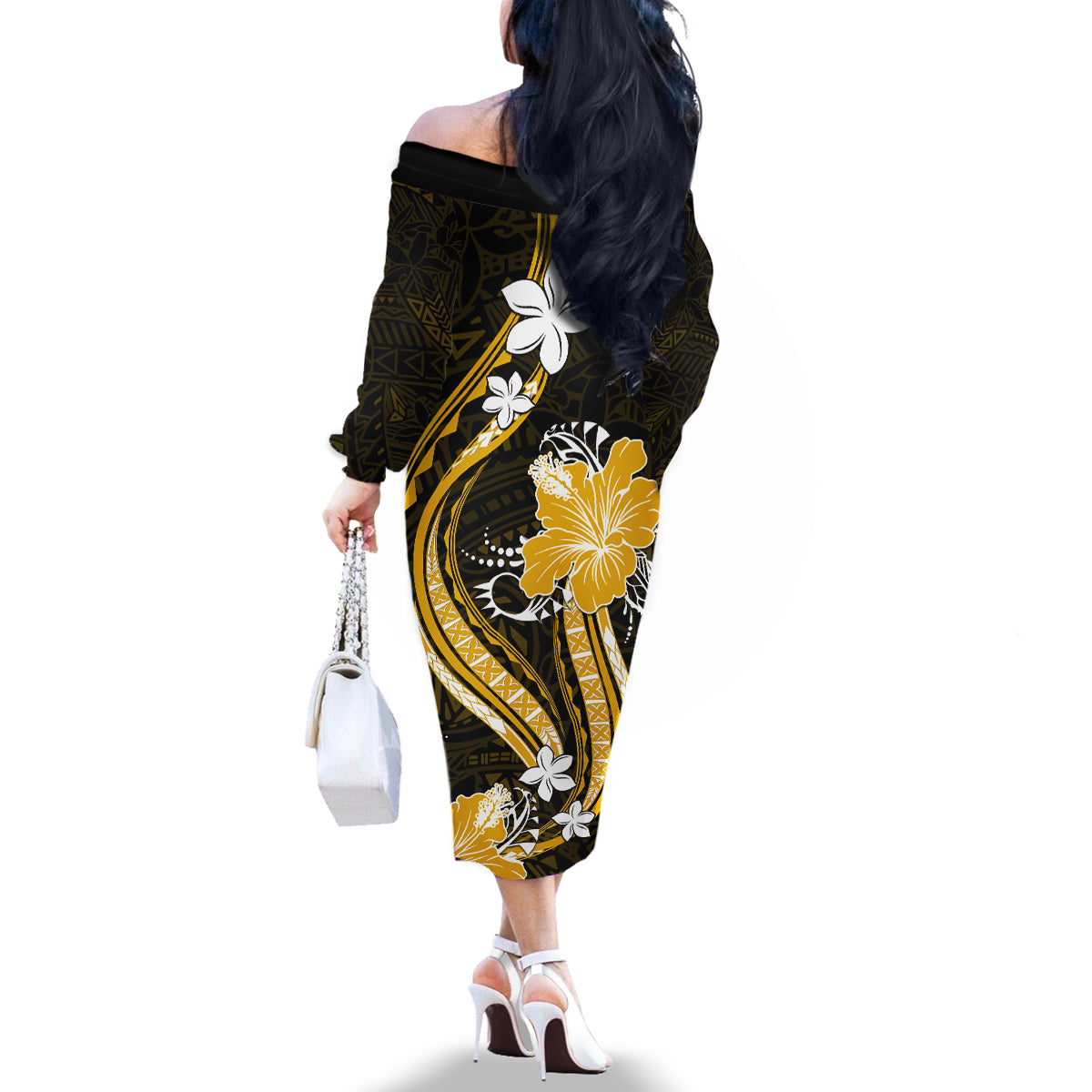 Gold Polynesian Pattern With Tropical Flowers Family Matching Off Shoulder Long Sleeve Dress and Hawaiian Shirt LT05 - Polynesian Pride