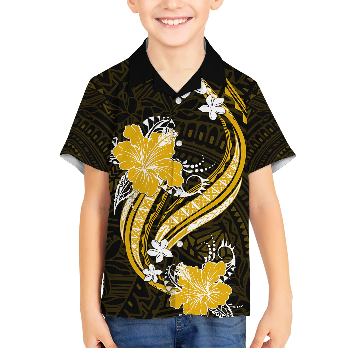 Gold Polynesian Pattern With Tropical Flowers Family Matching Off Shoulder Short Dress and Hawaiian Shirt LT05 Son's Shirt Gold - Polynesian Pride