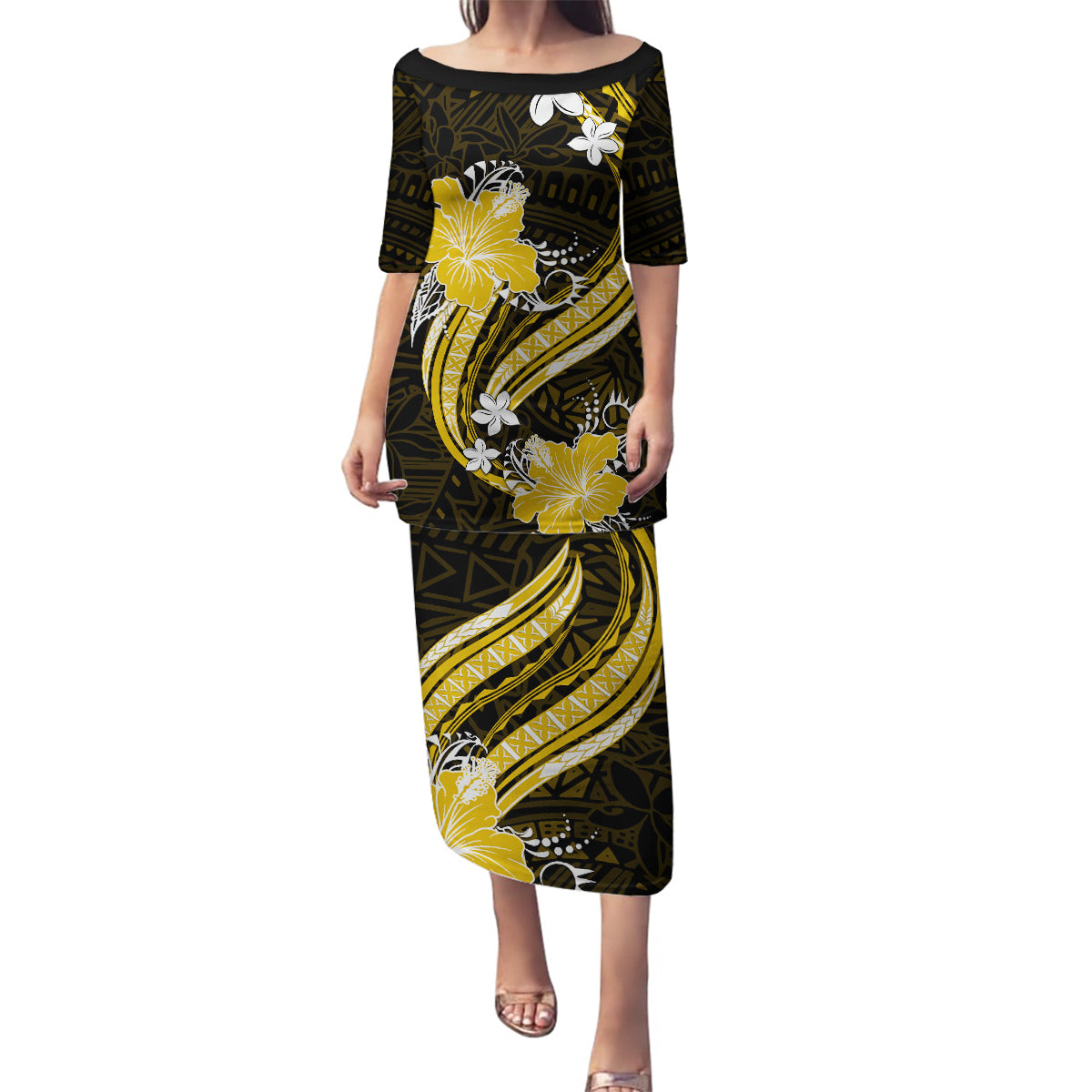 Gold Polynesian Pattern With Tropical Flowers Family Matching Puletasi Dress and Hawaiian Shirt LT05 Mom's Dress Gold - Polynesian Pride
