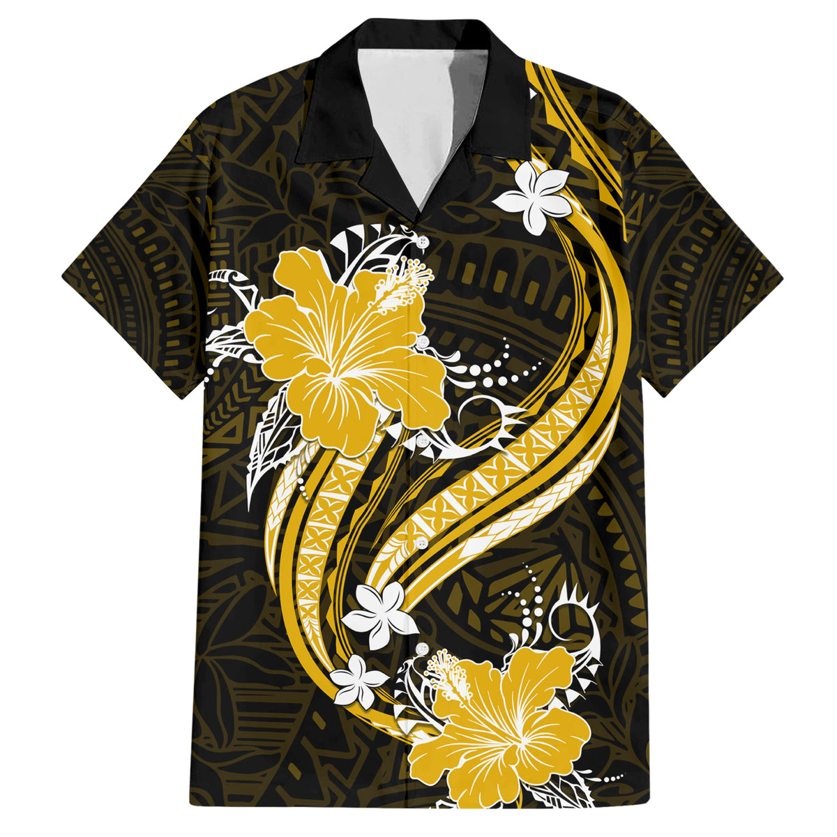 Gold Polynesian Pattern With Tropical Flowers Family Matching Short Sleeve Bodycon Dress and Hawaiian Shirt LT05 Dad's Shirt - Short Sleeve Gold - Polynesian Pride