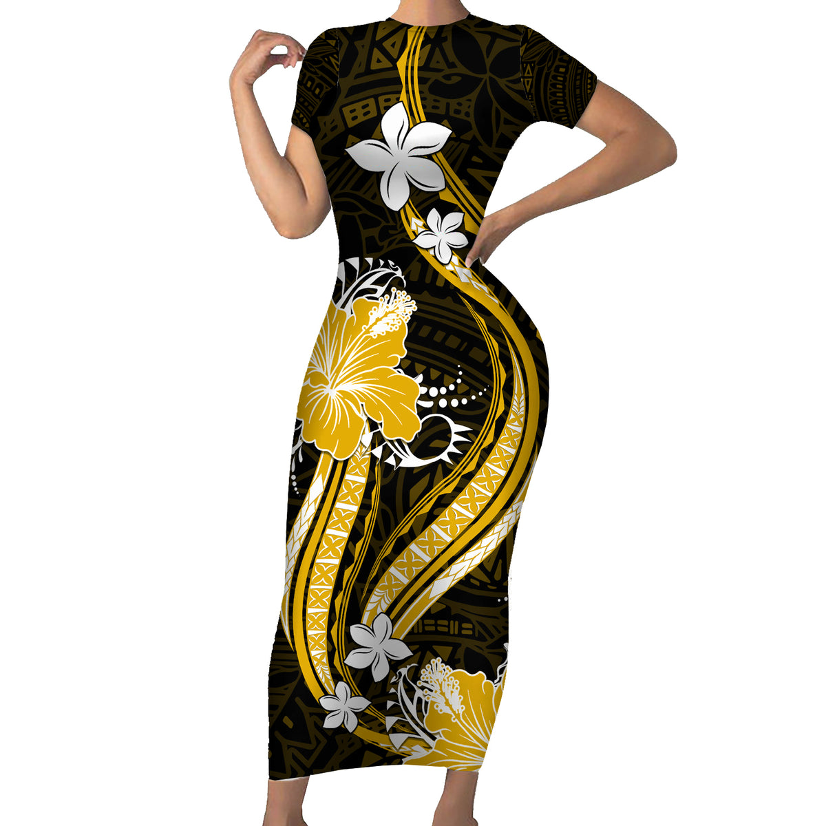Gold Polynesian Pattern With Tropical Flowers Family Matching Short Sleeve Bodycon Dress and Hawaiian Shirt LT05 Mom's Dress Gold - Polynesian Pride