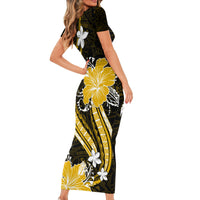 Gold Polynesian Pattern With Tropical Flowers Family Matching Short Sleeve Bodycon Dress and Hawaiian Shirt LT05 - Polynesian Pride