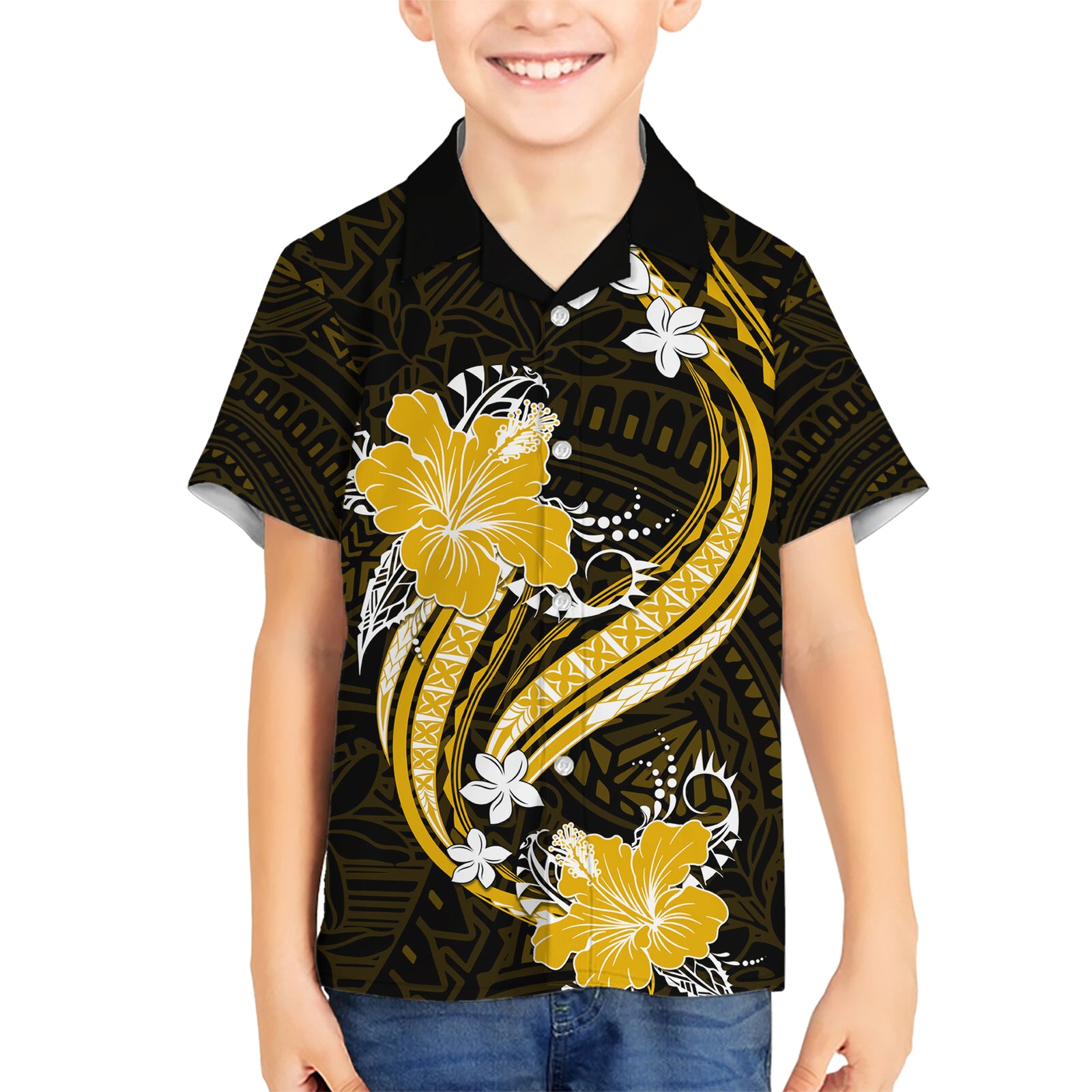 Gold Polynesian Pattern With Tropical Flowers Kid Hawaiian Shirt LT05 Kid Gold - Polynesian Pride