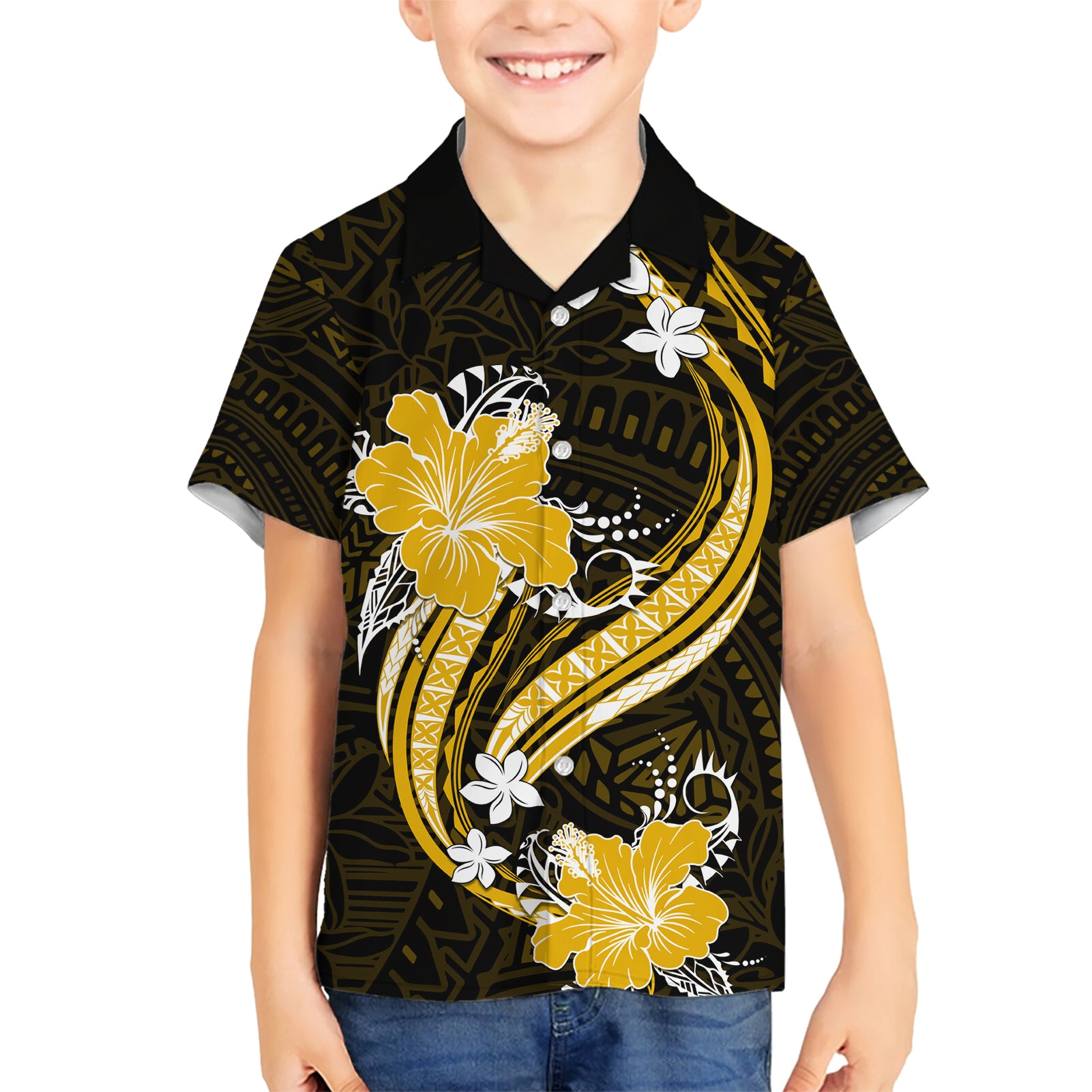 Gold Polynesian Pattern With Tropical Flowers Kid Hawaiian Shirt LT05 Kid Gold - Polynesian Pride