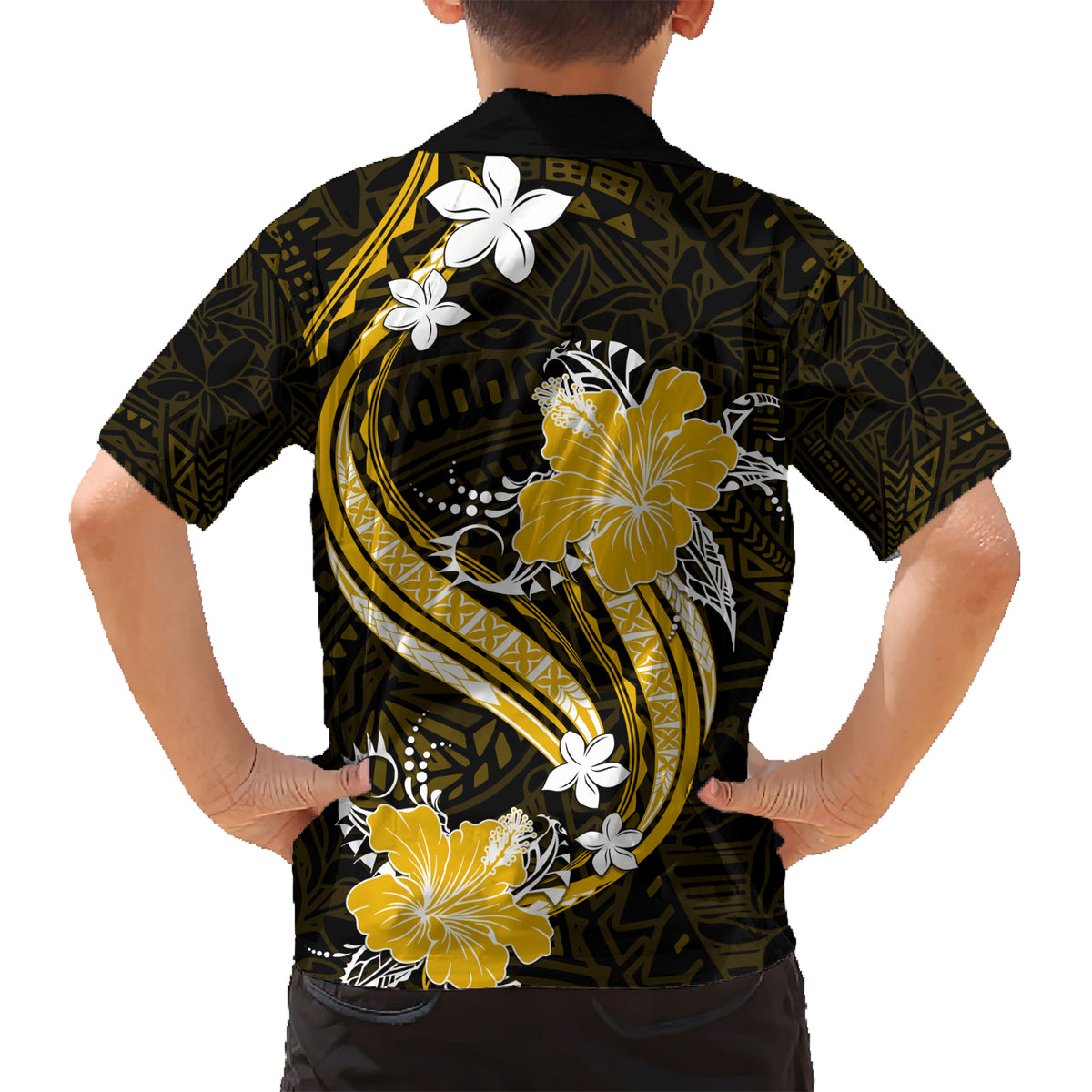 Gold Polynesian Pattern With Tropical Flowers Kid Hawaiian Shirt LT05 - Polynesian Pride