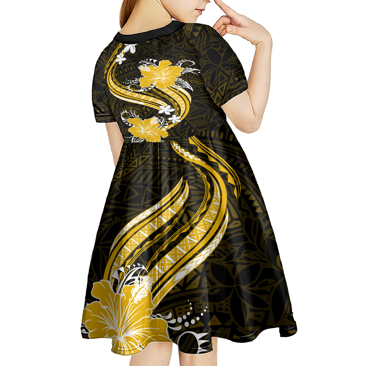 Gold Polynesian Pattern With Tropical Flowers Kid Short Sleeve Dress LT05 - Polynesian Pride