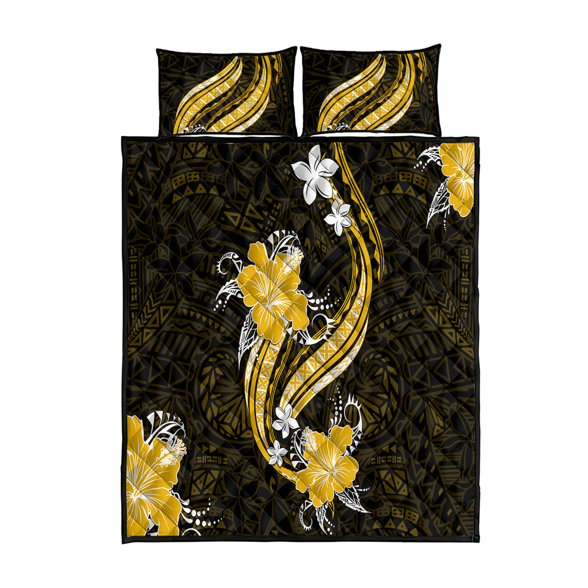 Gold Polynesian Pattern With Tropical Flowers Quilt Bed Set LT05 Gold - Polynesian Pride