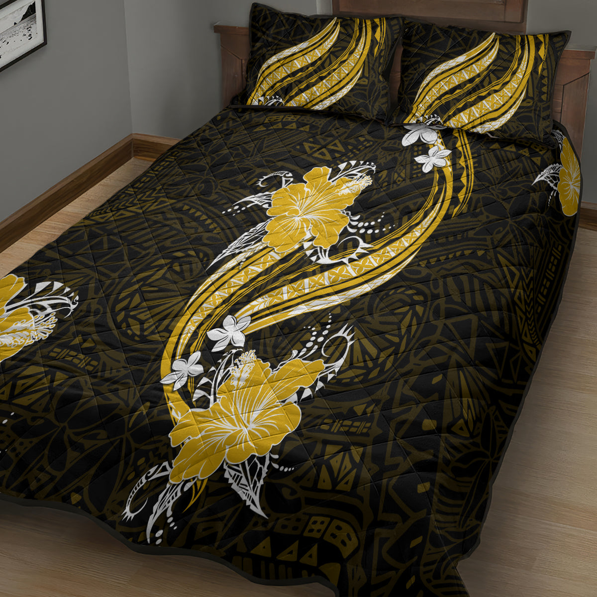 Gold Polynesian Pattern With Tropical Flowers Quilt Bed Set LT05 - Polynesian Pride